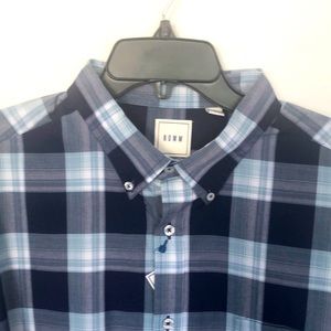 Men’s XL navy blue and teal plaid cotton shirt